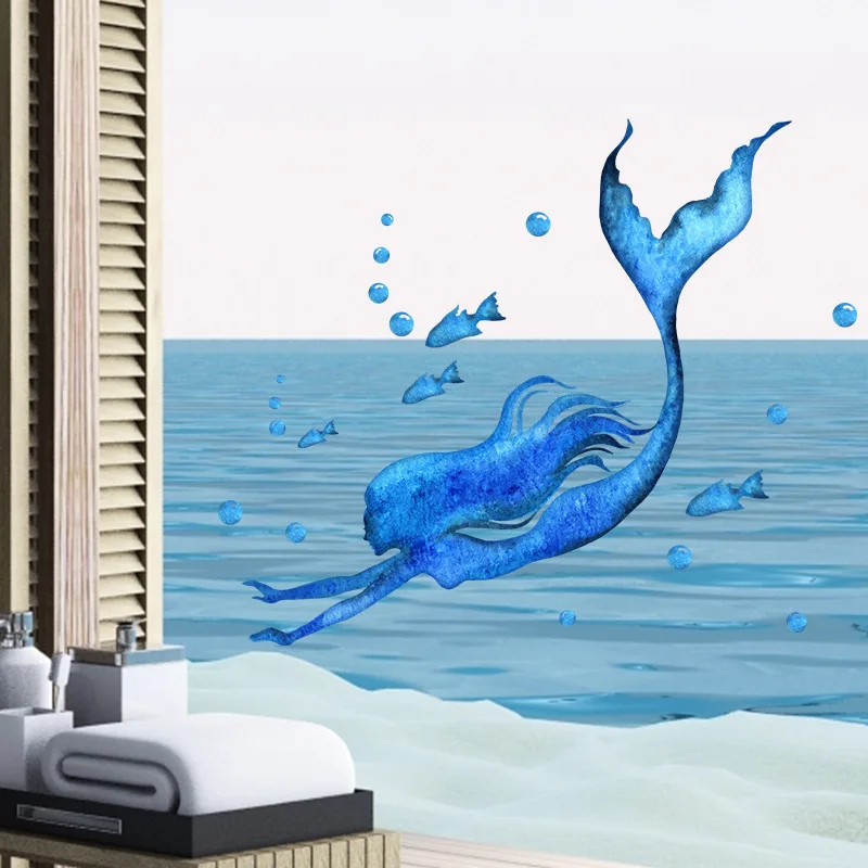 Blue Swimming Mermaid Wall Stickers Bathroom Glass Bedroom Glass Window Home Decoration Self-adhesive Sticker Beautify Wallpaper - Image 6
