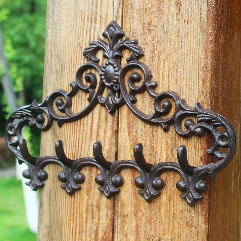 Antique Black Cast Iron Wall Mounted Hook With 5 Hangers European Farm House Accents Handmade Home Garden Decor Metal Racks