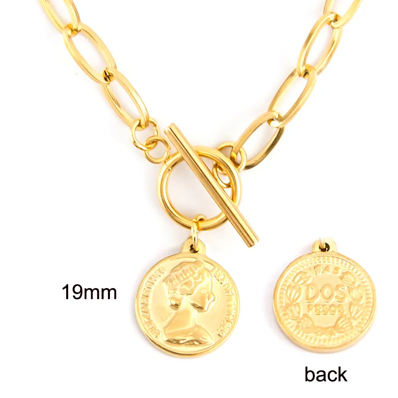 WOMEN Elizabeth Coin Long CHOKER NECKLACE Stainless steel GOLD COLOR Toggle PENDANT NECKLACE collares Jewelry Collier gift