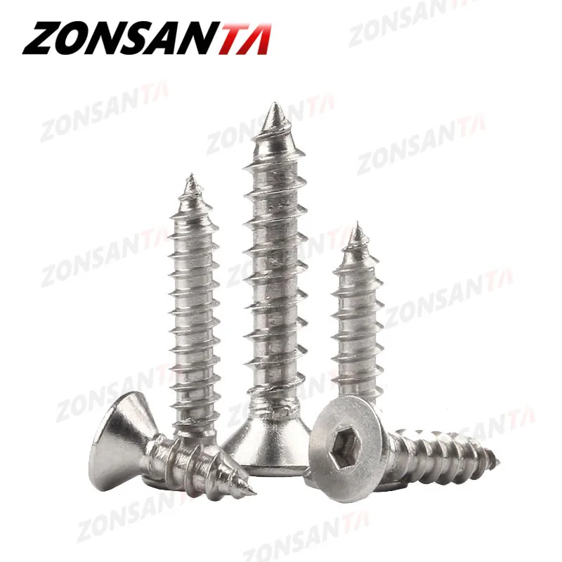 ZONSANTA-tornillo de rosca de cabeza avellanada M3 M4 M5, hexagonal, de acero inoxidable 304, cabeza Allen plana, para madera