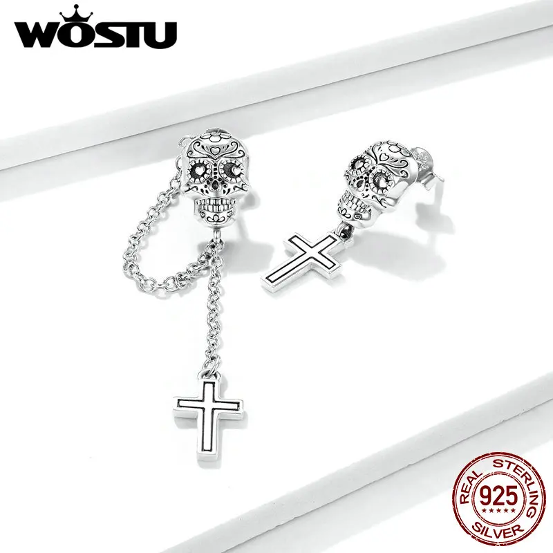 Wostu 2020 Authentic 925 Sterling Silver Skull with Cross Stud Earrings for Women Oxidized Silver ear Jewelry BSE419