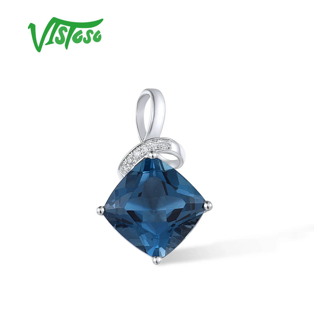 VISTOSO Genuine 14K 585 White Gold Pendant For Women Sparkling Blue Topaz Diamond Pendant Delicate Gorgeous Trendy Fine Jewelry