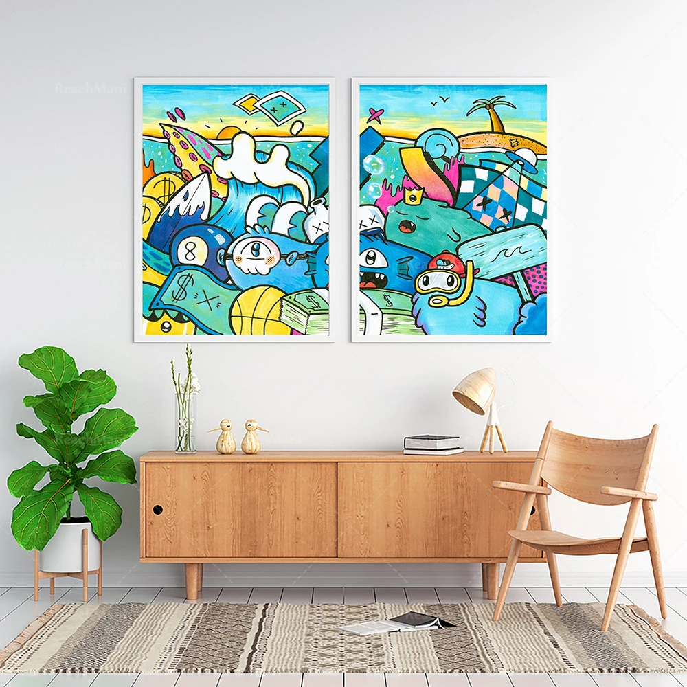 لوحة فنية جدارية ملونة، فن البوب الحديث، فن الحائط الحضري، رسومات قماشية لفن الكتابة على الجدران، فن جدار المكتب، عمود تزيين جدار المهجع