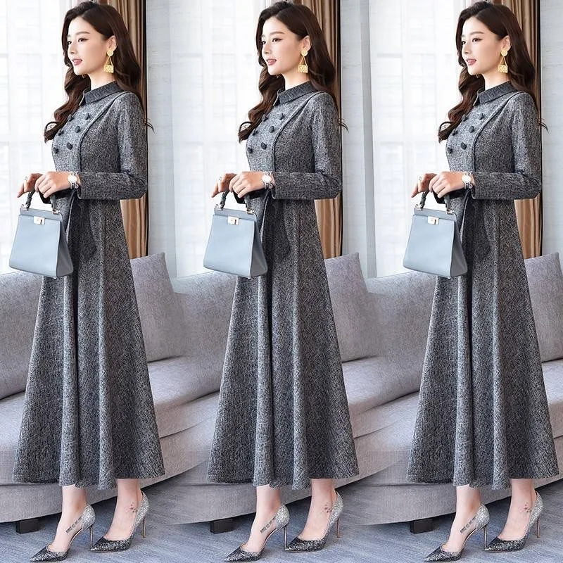 

2021 Spring Autumn Women's Dress High End Temperament Elegant Dress Small Fragrance Long Sleeve Over The Knee Long Dress 4XL H27