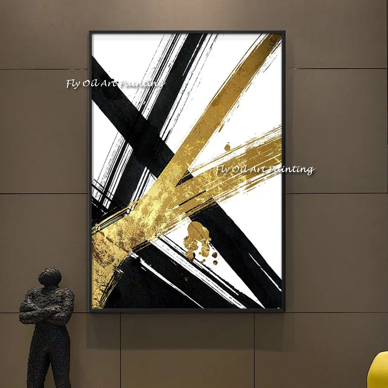 Modern Abstract black white Gold  Acrylic Canvas Paintings Wall Decor Picture Art 100% Hand-painted Latest Design Oil Painting