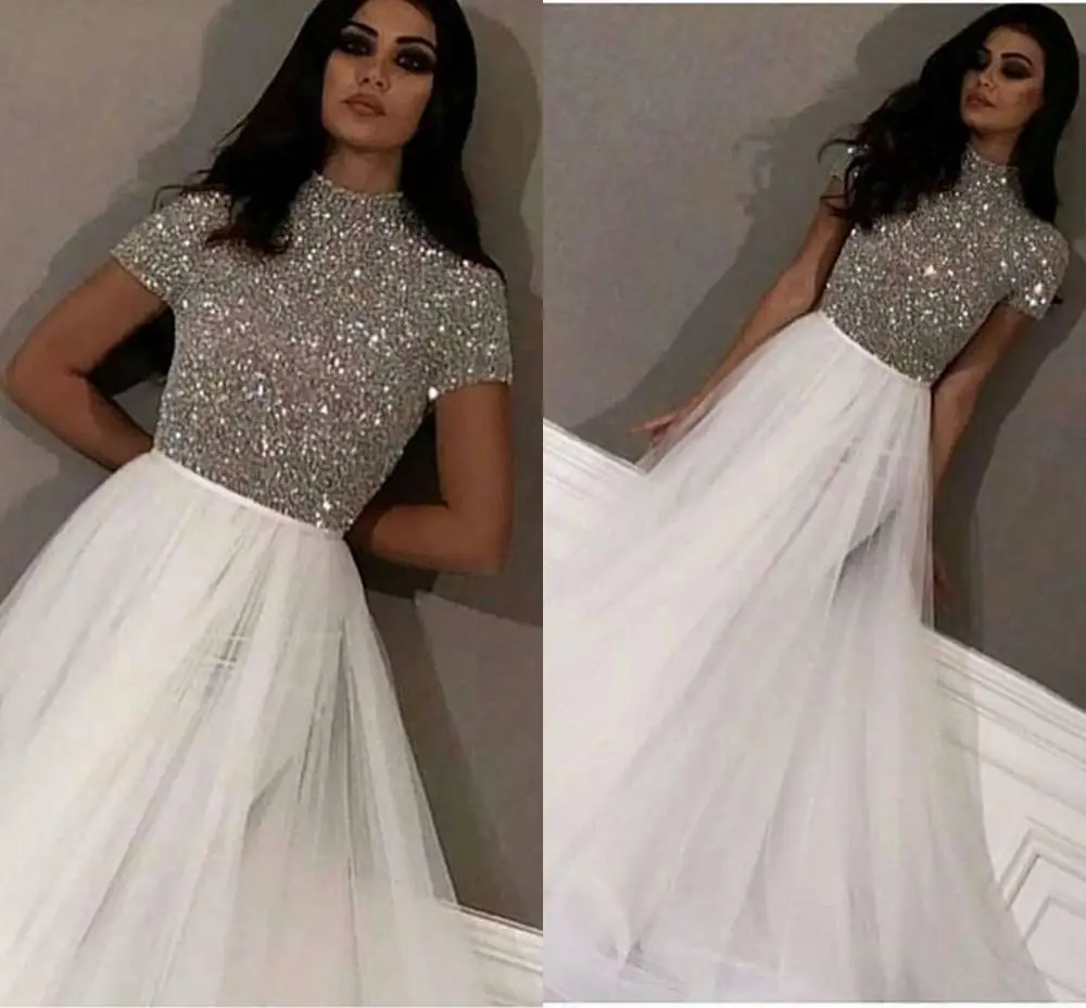 New Arrival High Neck White Evening Dress 2025 Long Dubai Arabic Prom Gowns Silver Beading Formal Wear Party robe de soiree