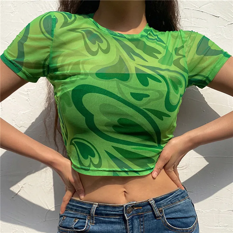 Kawaii Heart Printed See Through Fishnet Tops Summer Korean Fashion Short Sleeve Green T-Shirt Sweet Y2k Women Crop Top 2021