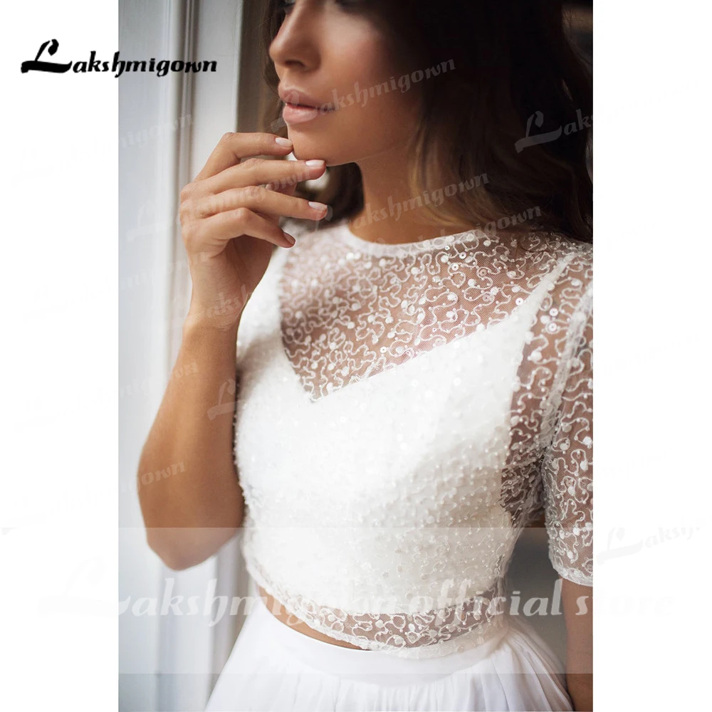 2024 vestidos de boda dos piezas de manga corta cuello redondo vestidos de novia elegantes cuentas ostentosas encaje gasa bata de velada