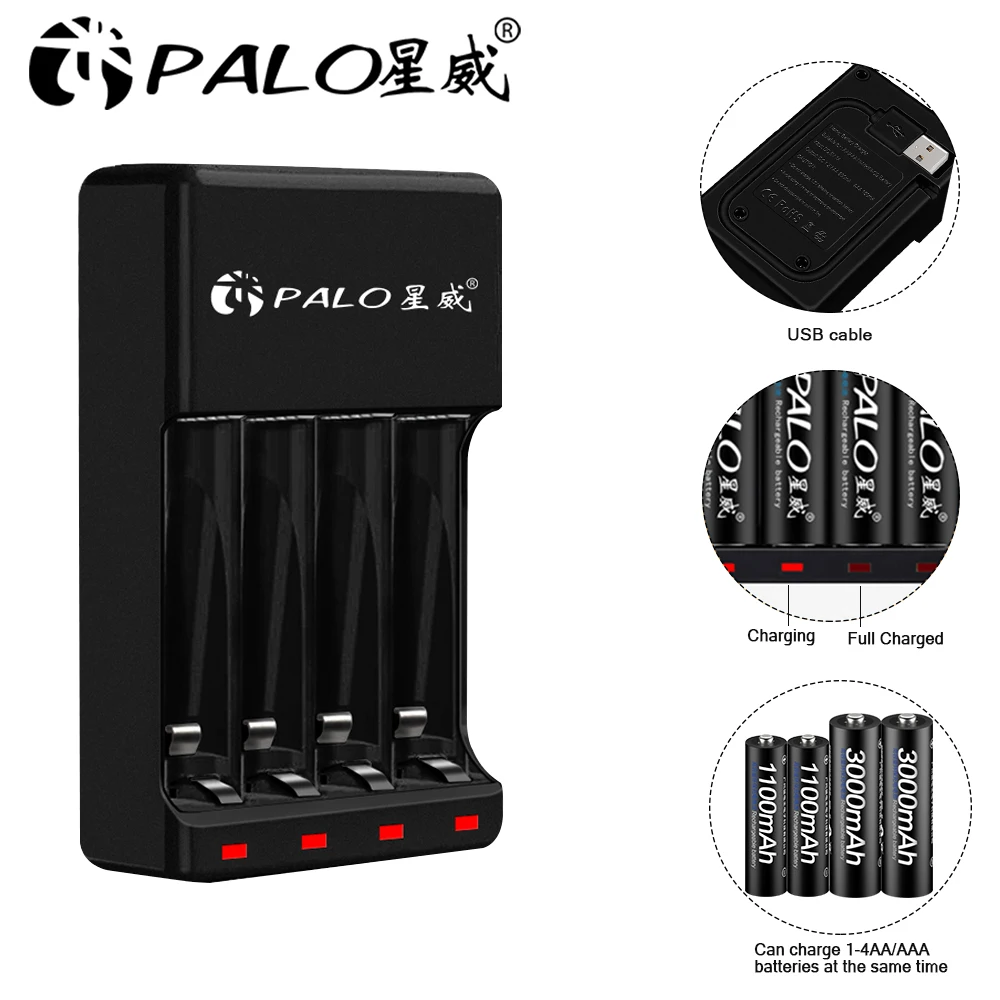 PALO 4 Slots 1.2VAAA AA Rechargeable Battery Chargers LED Light Smart battery Charger NI-MH NI-CD aa aaa Chargers with USB cable