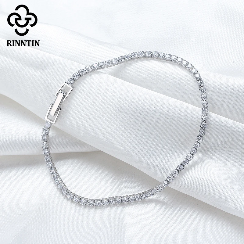 Rinntin Luxury Real 925 Sterling Silver Tennis Bracelet Women with AAAA Zircon Female Bangle Party Wedding Jewelry Gifts SB91