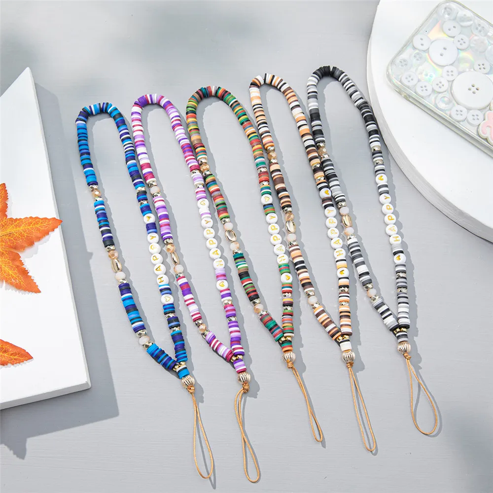 Soft Pottery HAPPY Beaded Phone Chains Rope for Women Men Anti-lost Mobile Strap Lanyard Cell Phone Case Hanging Cord Gift