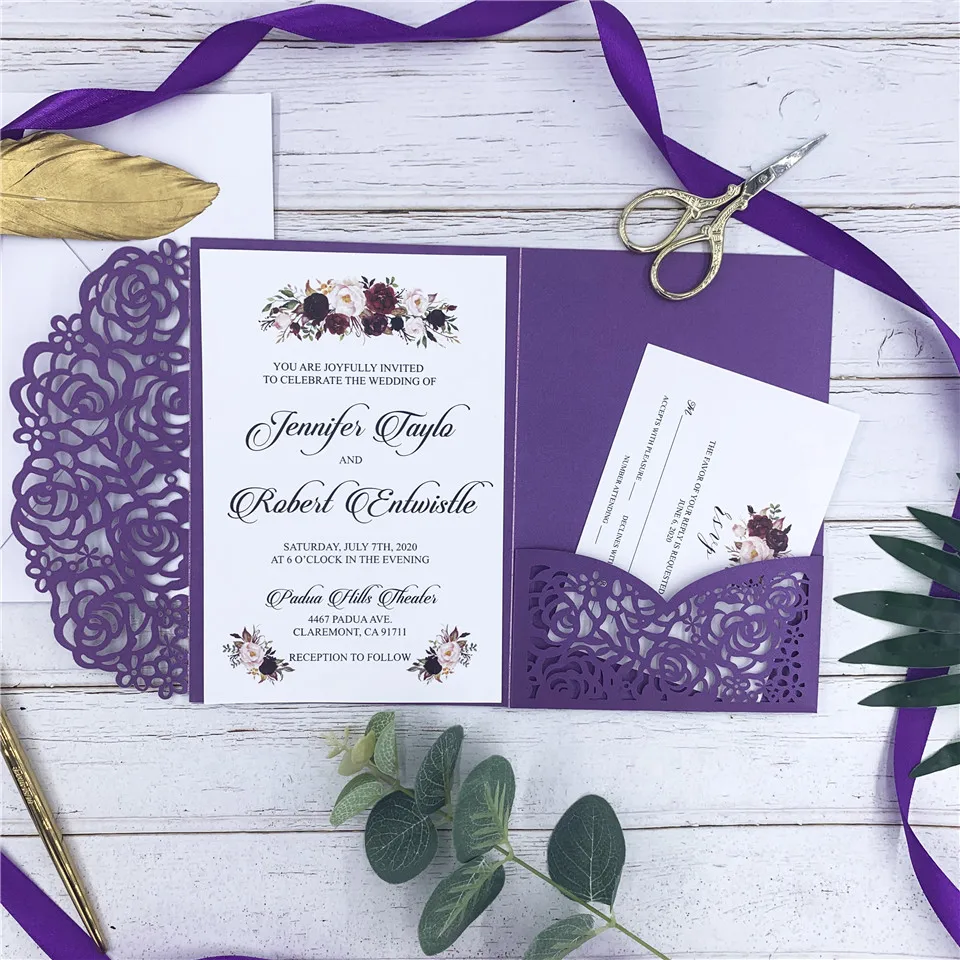 

Gorgeous Purple Lsser Cut Wedding Invitations With Belly Band, Tag, Customized Insert And RSVP card