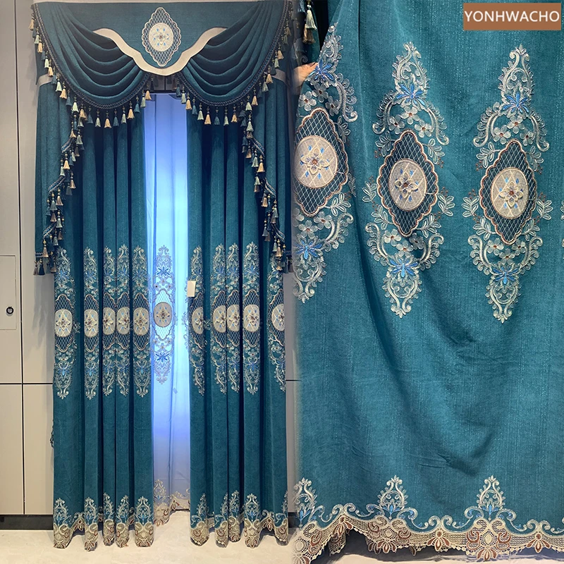 

Custom curtain luxury European chenille embroidered living room thick blue cloth blackout curtain valance tulle drape C823