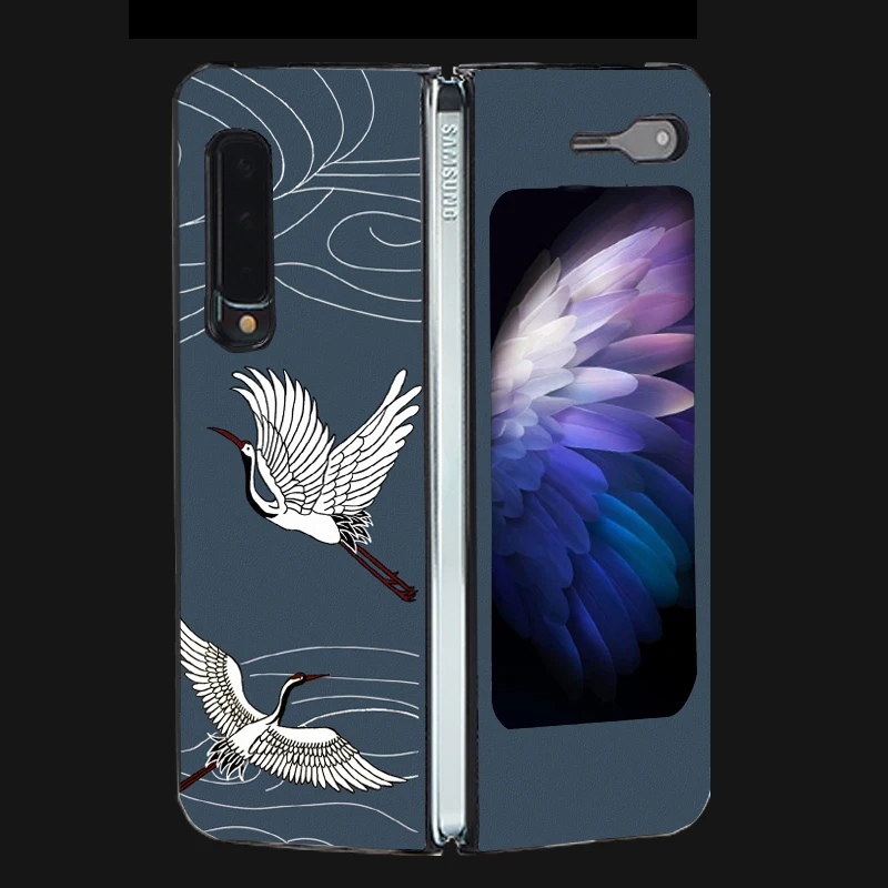 Z Fold 3 Funda Case for Samsung Galaxy Z Fold 3 Z Fold 2 Case Fold Crane Patterned Coque PU Leather Matte Phone Case Cover Capa