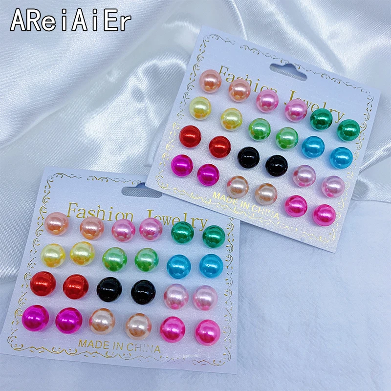 12 Pairs/set Classic Round Ball Pearl Stud Earrings For Women Party Wedding Gifts multiple colour Stud Earings Set Ear Jewelry