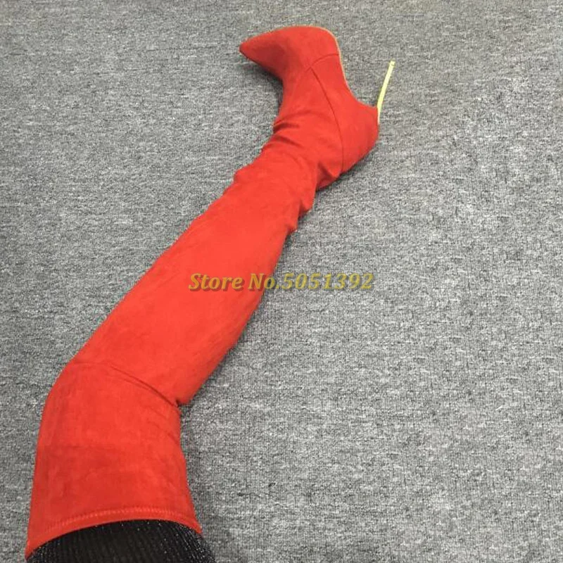 Stretch Over The Knee Boots Blade Metal Heel Skim Women Suede Winter Runway Boots Pointed Toe Suede Red Apricot Black Shoes