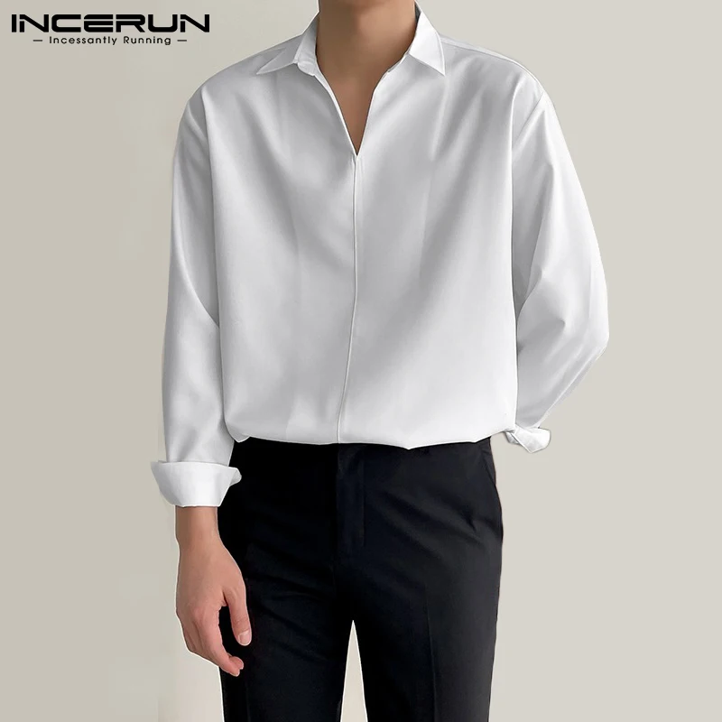 Solid Color Men Shirt Turn Down Collar 2023 Long Sleeve Korean Casual Men Clothing Loose Streetwear Leisure Camisa S-3XL INCERUN