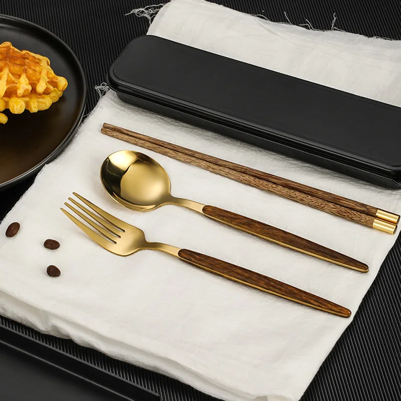 

Dinnerware Portable Wooden Handle Dinnerware Stainless Steel Spoon Fork Knife Chopsticks Set Travel Cutlery Tableware With Box