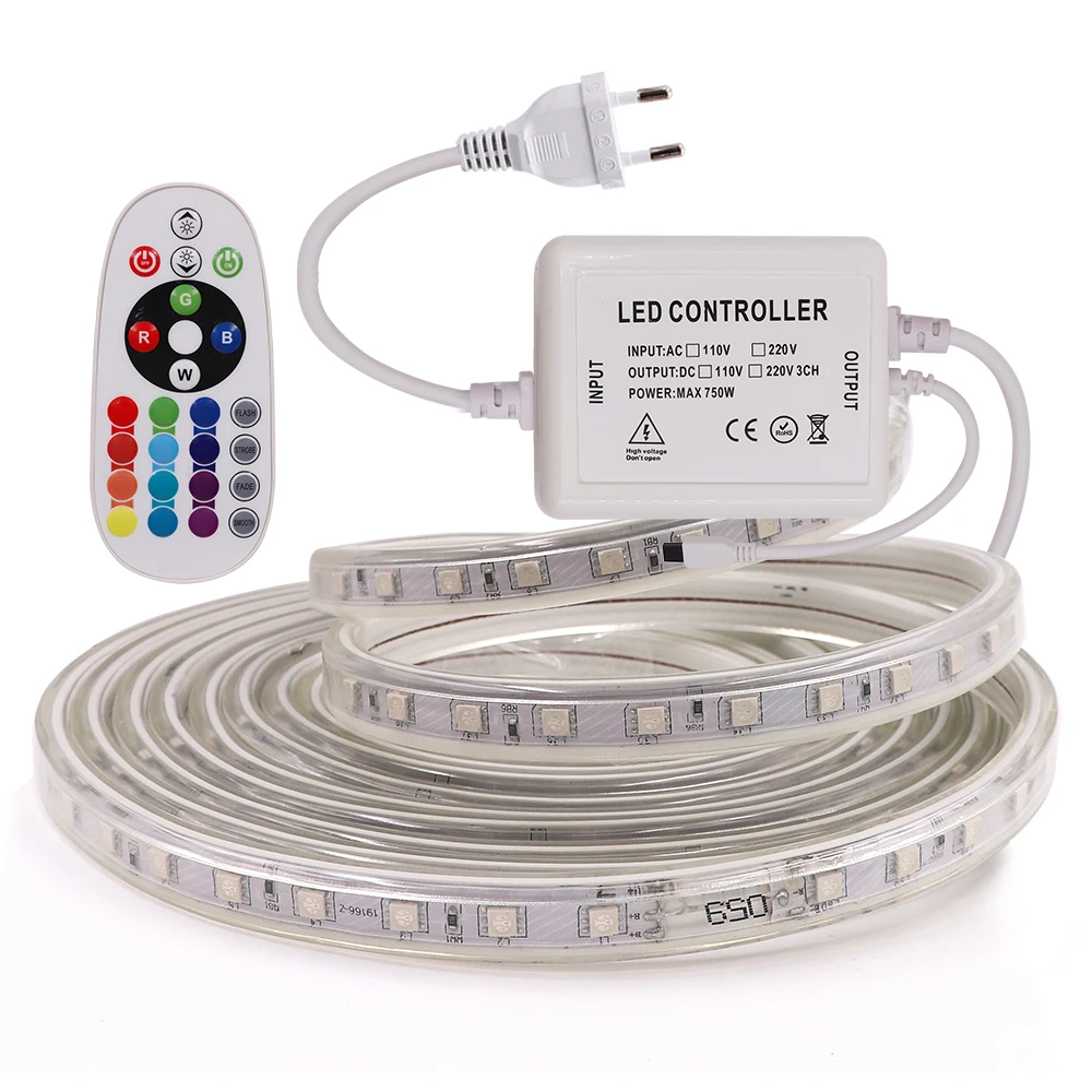 RGB 5050 Led Strip Light 220V 60LEDs/M Outdoor Waterproof Led Tape Ribbon Remote Control Flexible Led Stripe Rope EU Power Plug