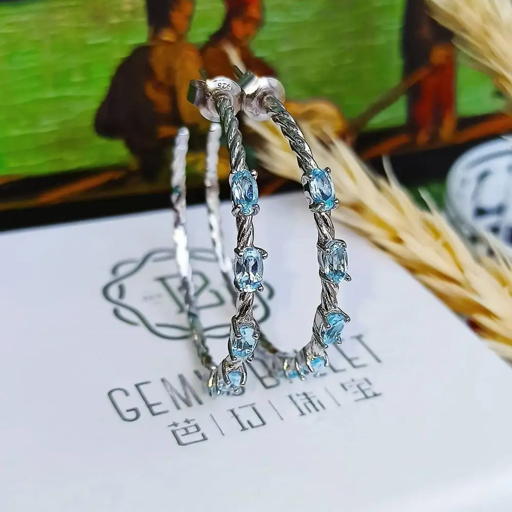 Gem\'s Ballet 2.94Ct Oval Natural Sky Blue Topaz Gemstone Hoop Earrings 925 Sterling Silver Fine Jewelry For Women Wedding
