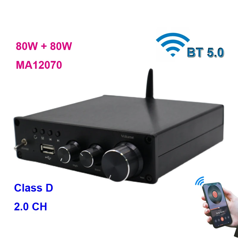 2*80W Bluetooth 5.0 Infineon MA12070 Digital Audio Power Amp Equalizer 20W~200W HiFi Stereo Amplifier Class D Aux DC15-19V