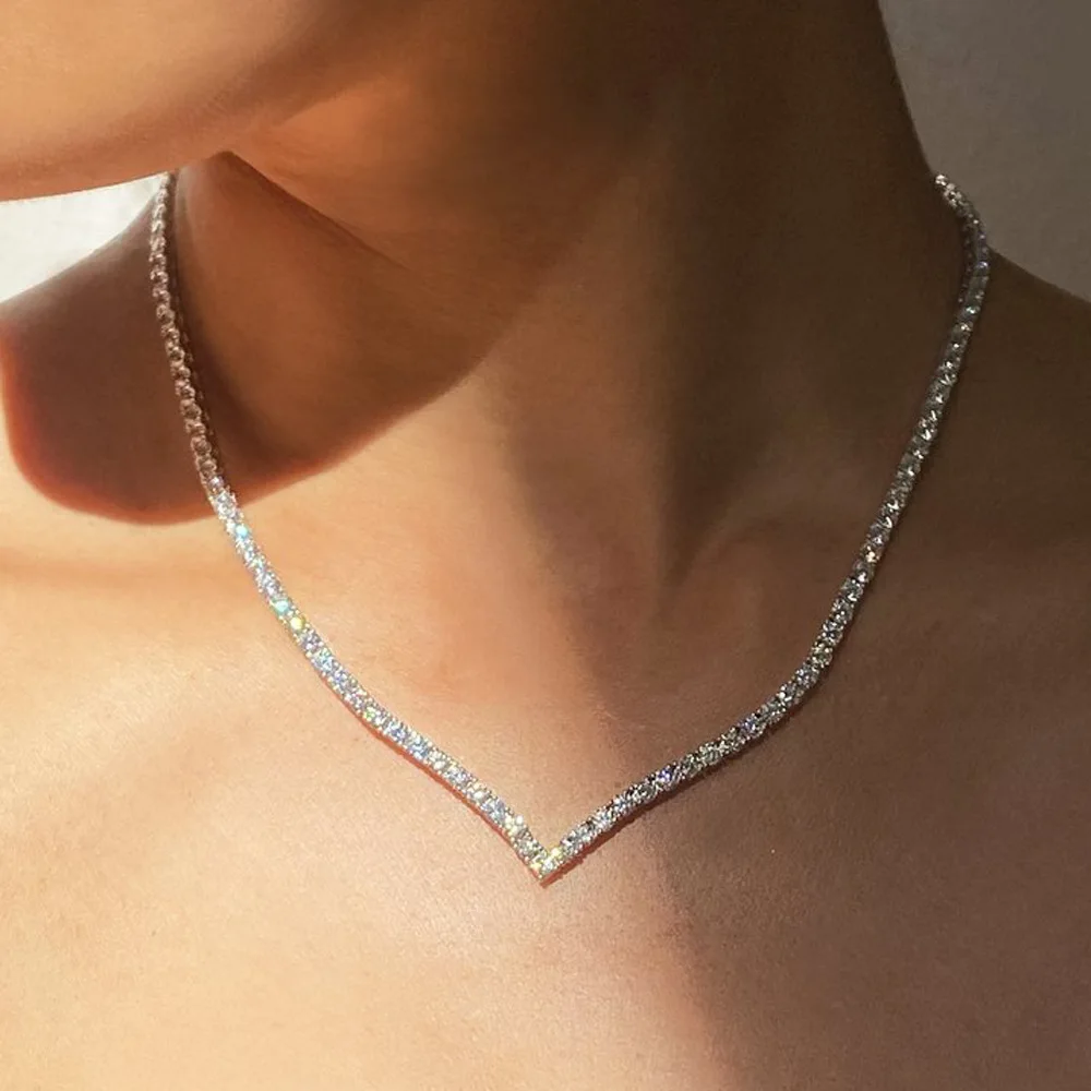 Stonefans V Shape Rhinestone Necklace Choker Wedding Accessories Fashion Jewelry Crystal Tennis Chain Necklace Statement Collar