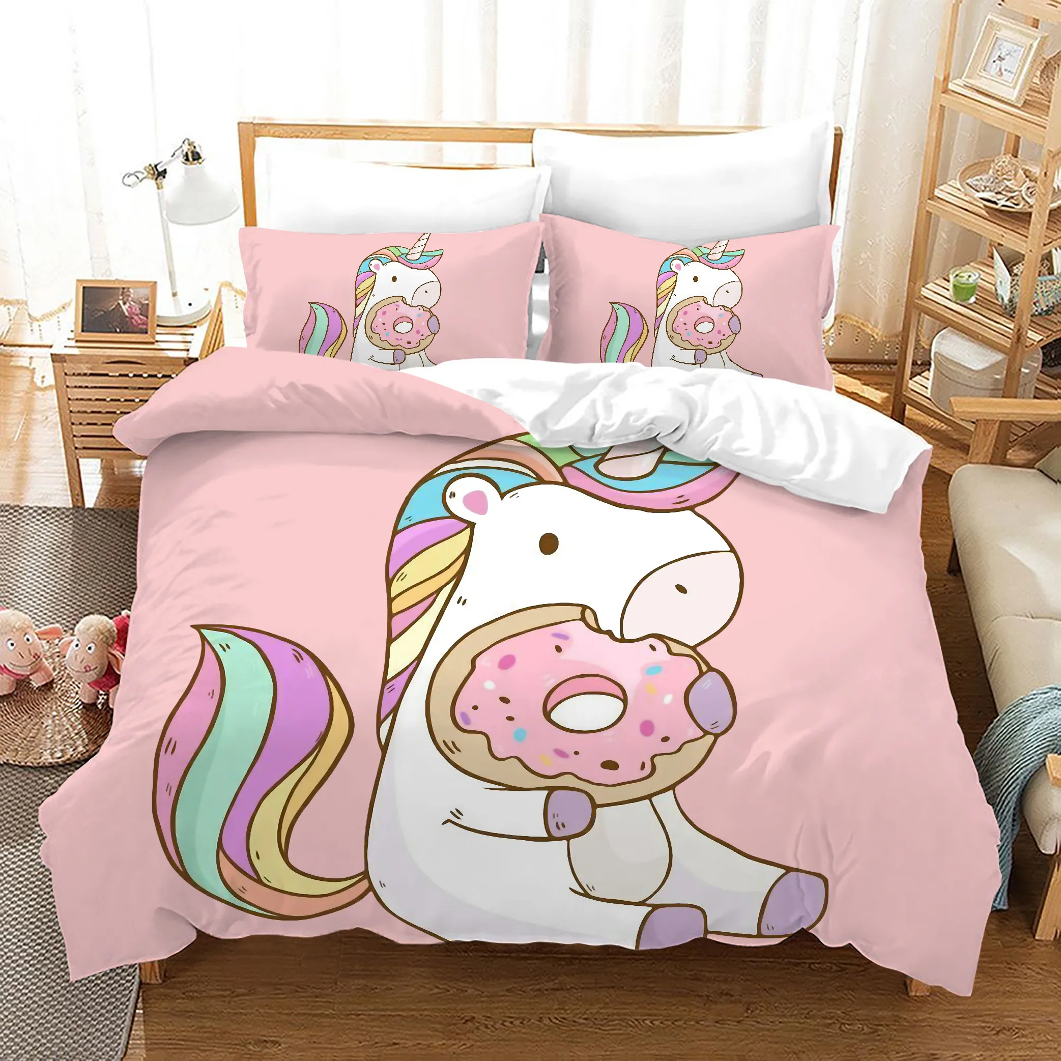 

Q Version Cartoon Rainbow Unicorn Print Bedding Set Children Bedroom Decoration Double Down Quilt Cover Pillowcase Bedding