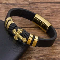 TYO Trendy Charm Braided Rope Layered Magnetic Black Leather Cross Bracelet Men Bangles Jewelry Accessoris