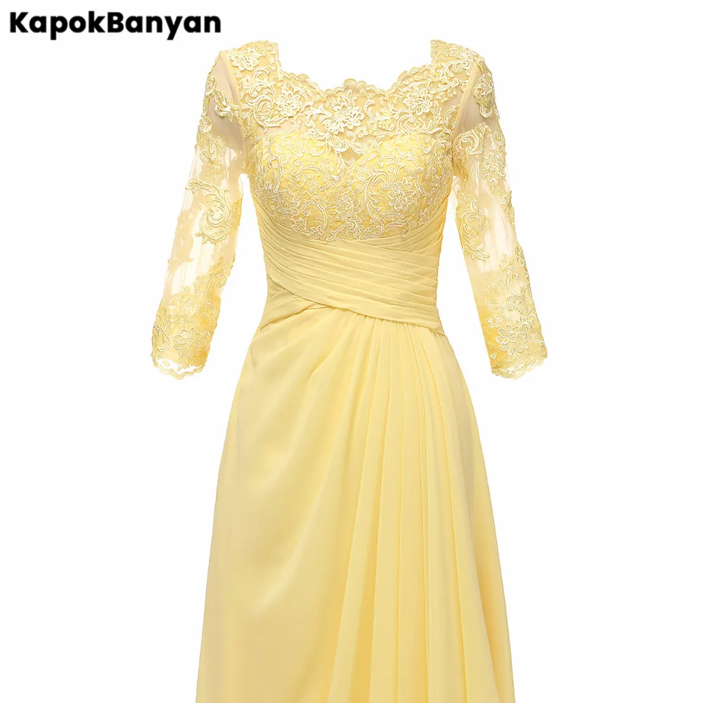 Vestido rendado de chiffon longo, vestido para mãe da noiva com zíper, meia manga formal