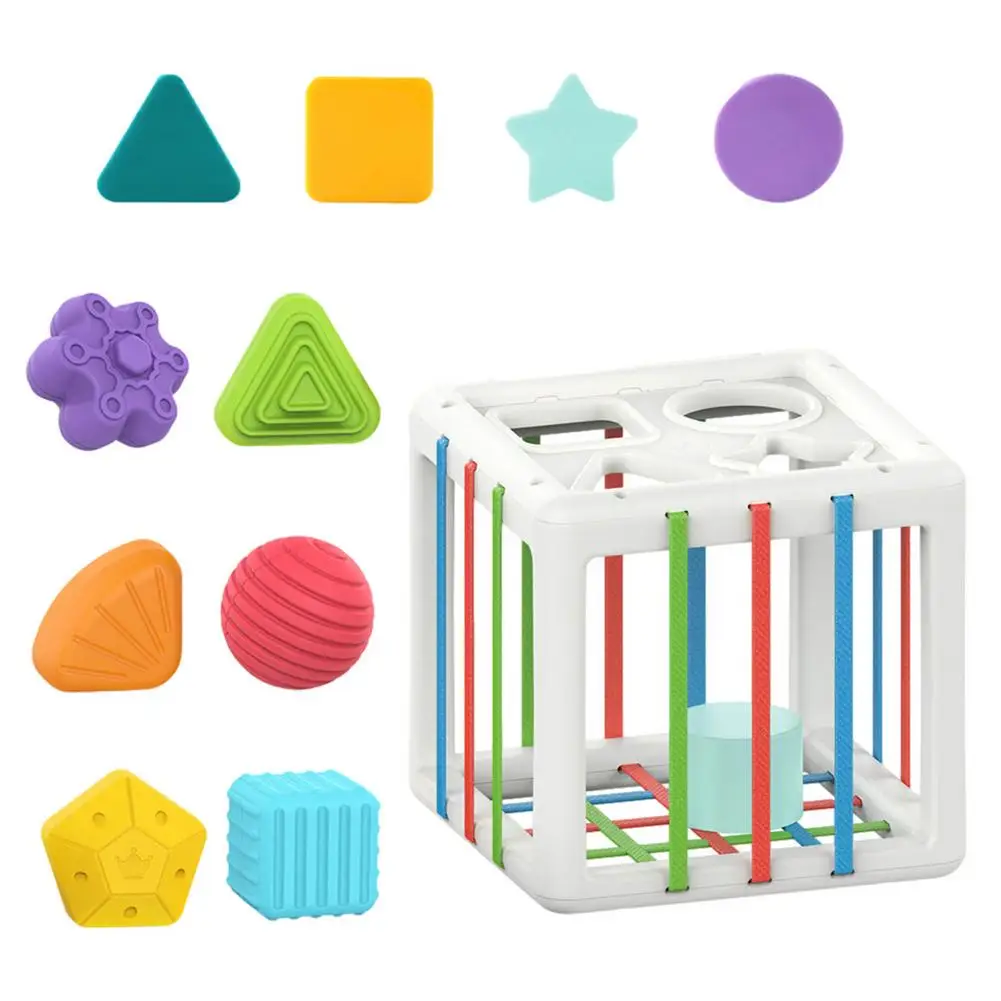 

Baby Sensory Bin Sorting Toys - Baby Shape Sorter Toy Colorful Cube And 10 Pcs Multi Sensory Shape - Early Development Activity