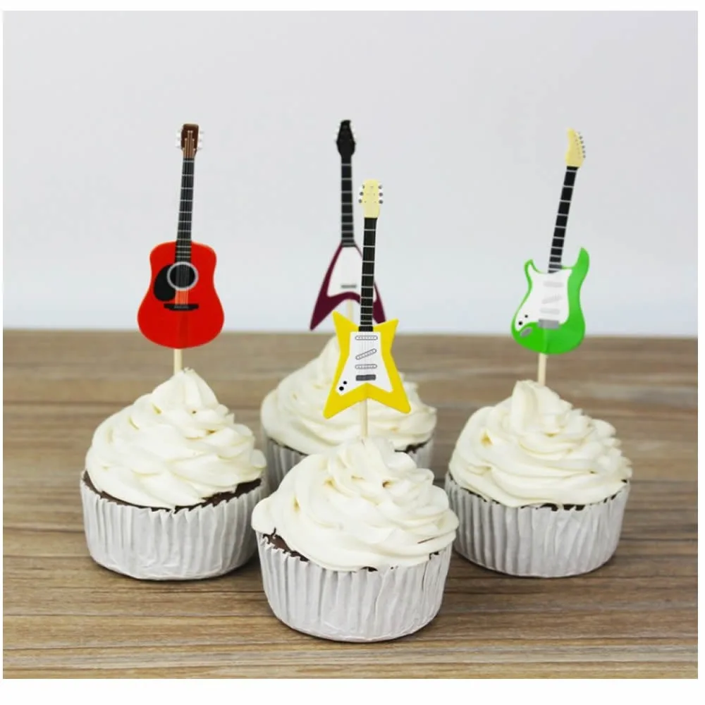 24 Pieces Guitar Rock Music Theme Cake Cupcake Toppers Picks for Birthday Wedding Baby Shower Music Themed Party