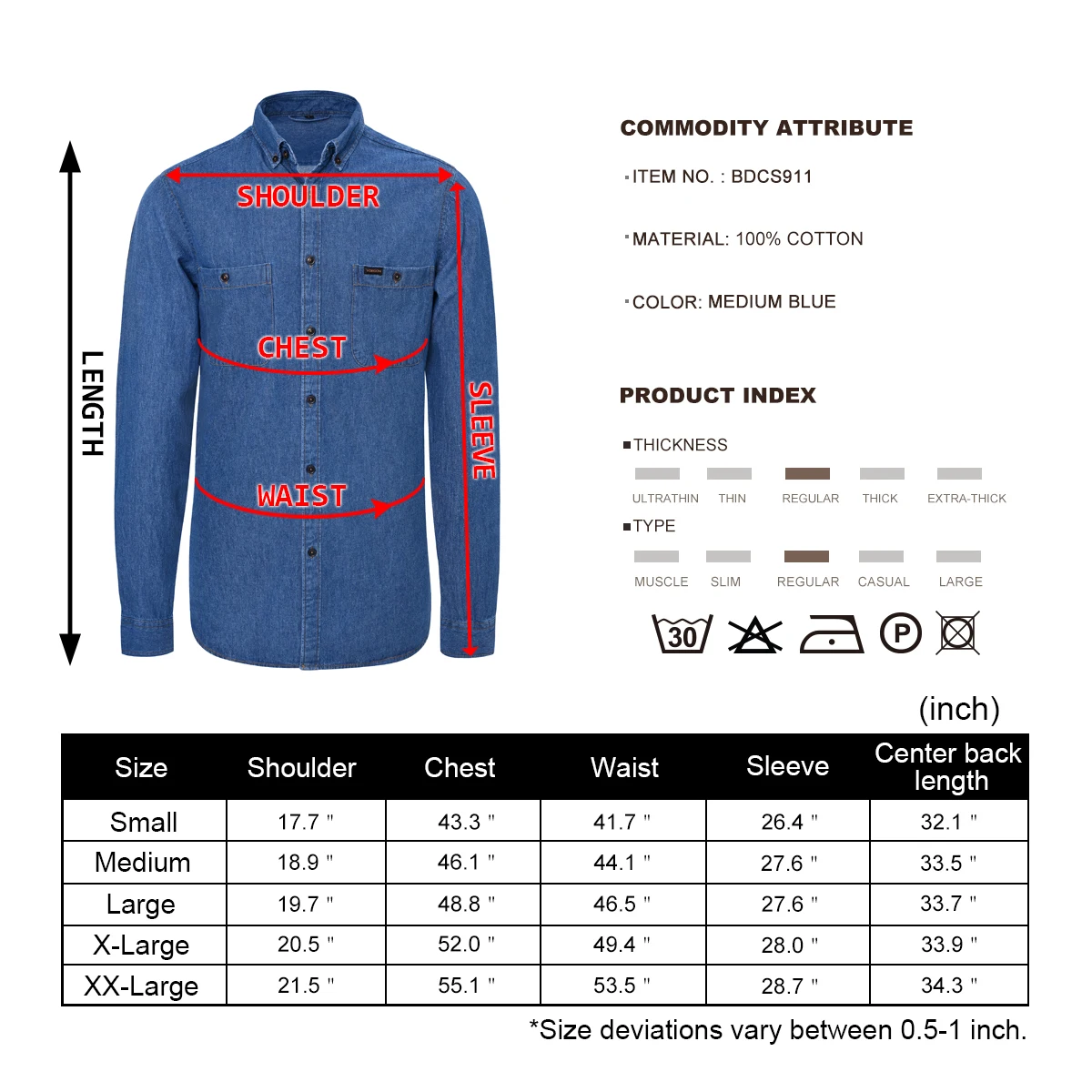 VOBOOM Men's  Denim Shirt Long Sleeve Shirt Cotton Casual Workwear With Pockets Clothing Spring Autumn