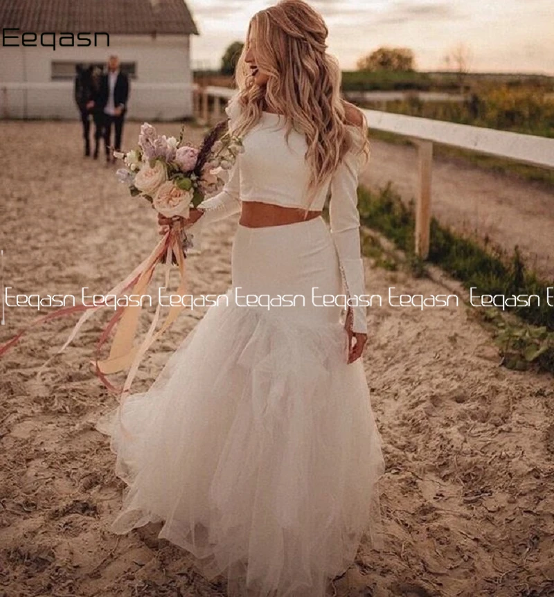 Eeqasn vestido de novia Vintage de dos piezas, manga larga, hombros descubiertos, vestidos de novia de playa, bata hecha a medida