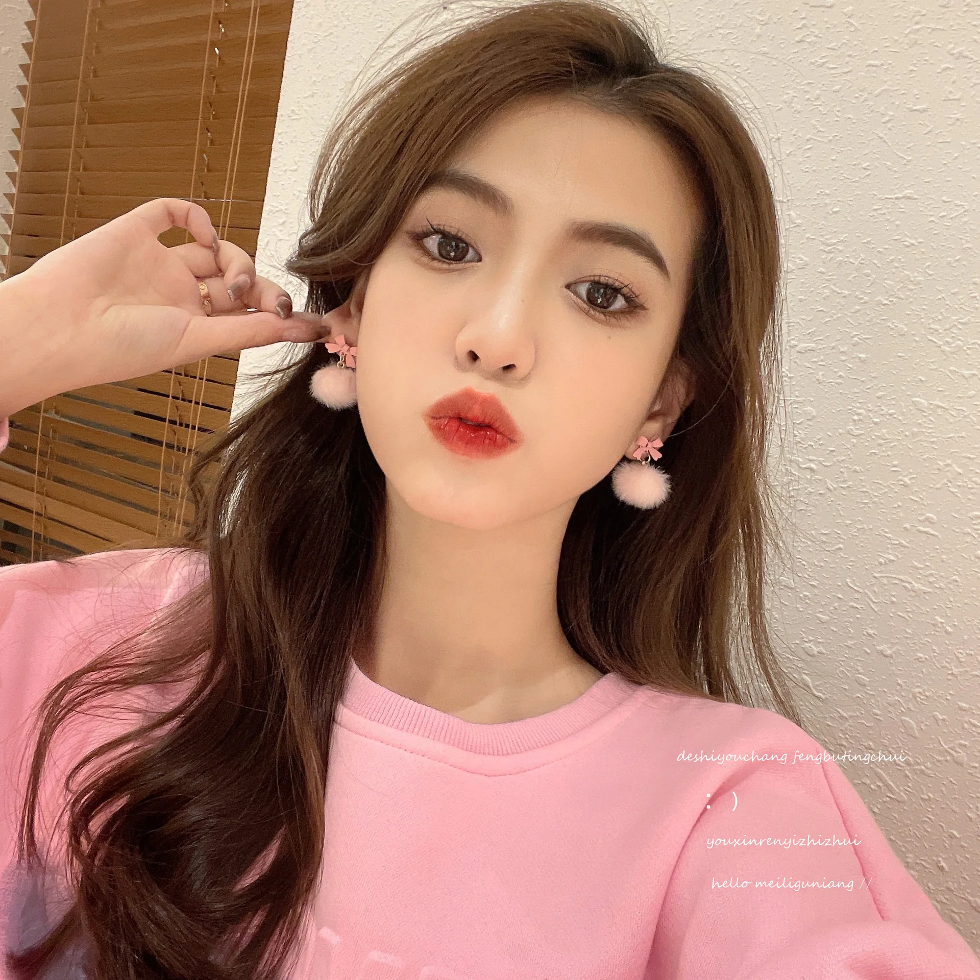 Korean Pink Drop Dangle Earrings for Women Girls Cute Fluffy Ball Bow Pom Earring Fall Winter  Kawaii Christmas Kids Jewelry