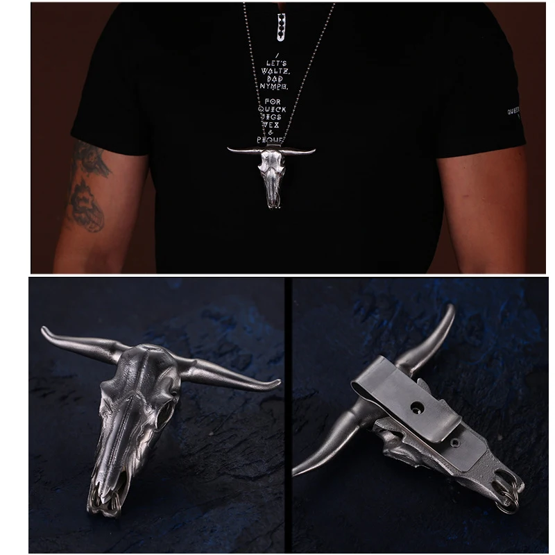 1pcs Outdoor EDC Stainless Steel Bull Head Multi-function Tool Pocket Tool Keychain Necklace Pendant Defensive Window Breaker