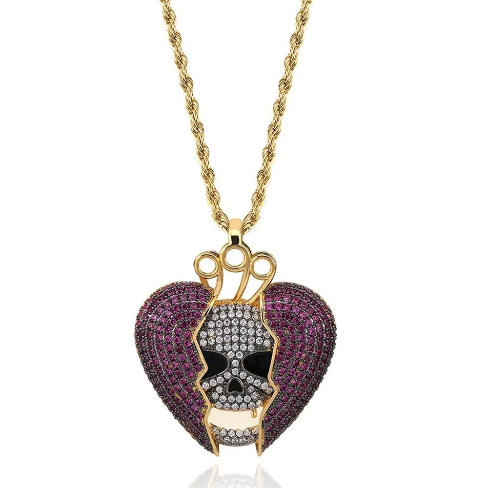 

18K Gold Plated Bling CZ Simulated Diamond Iced Devil Skull Heartbreak Pendant Necklace Hip Hop Chain Jewelry for Men Charm Gift