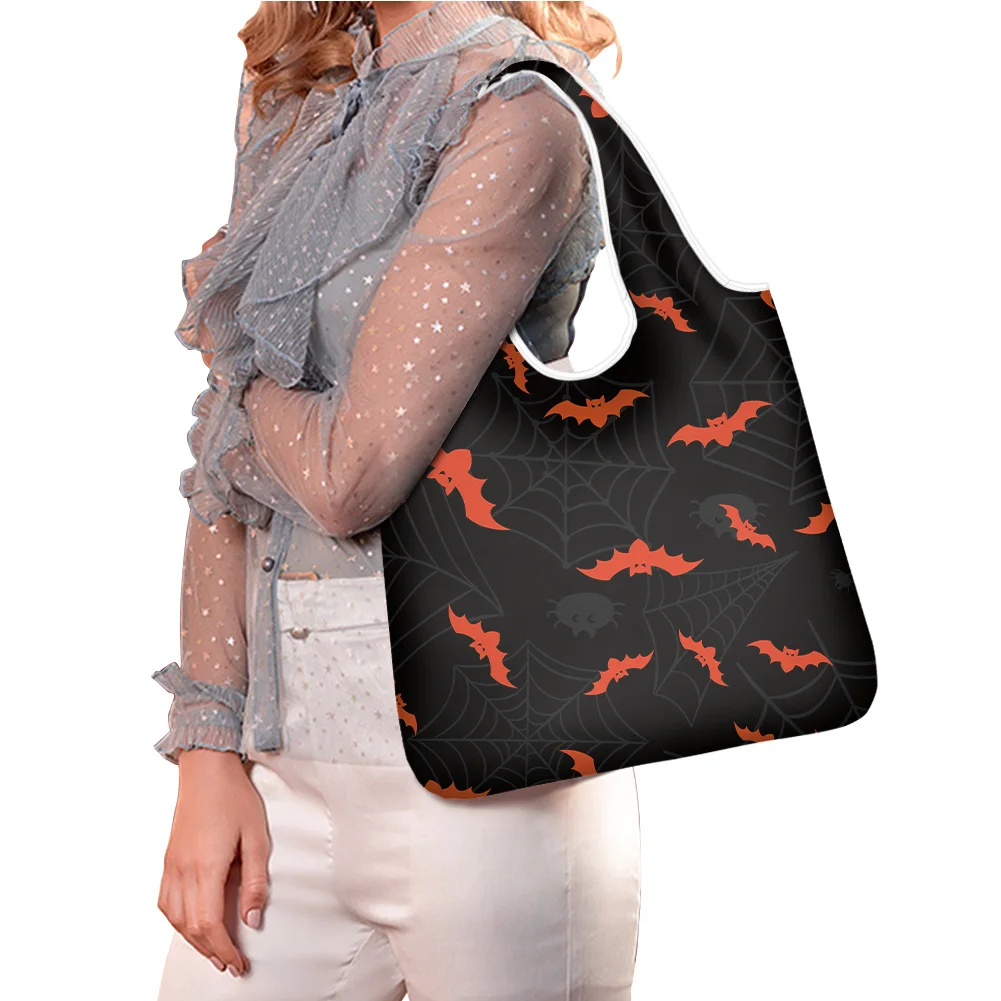 

ELVISWORDS, женская сумка для покупок с принтом летучая мышь на Хэллоуин, многоразовая сумка для хранения, складные сумки для покупок из переработанного материала, женская сумка на плечо