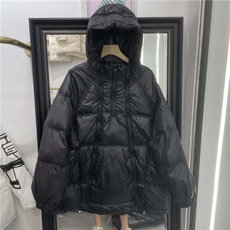 2024 New Winter Women Hooded White Duck Down Jacket Female SolidHooded Down Loose Zippers Jackets Lady Warm Snow Coat