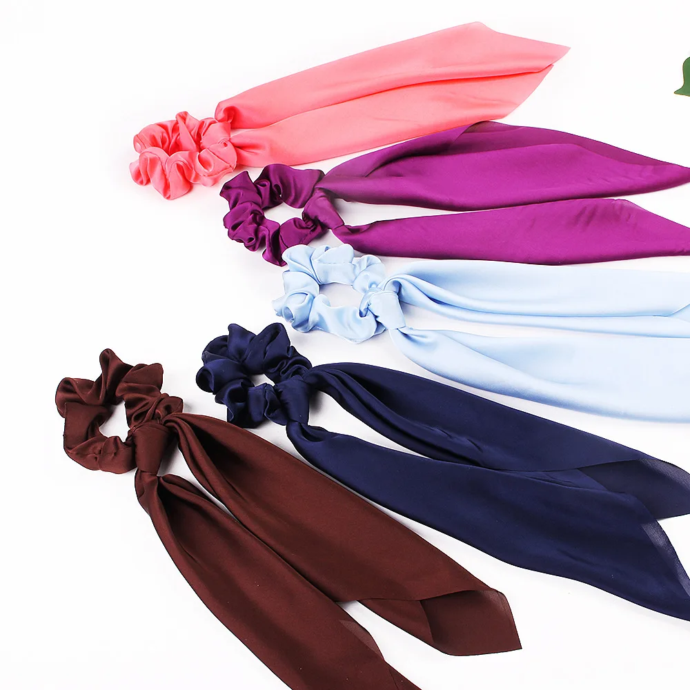 2022 New Fashion Bow Satin Girls Elastic Hair Bands Long Ribbon  Ponytail Scarf Hair Tie Women Scrunchies Hair Accessories