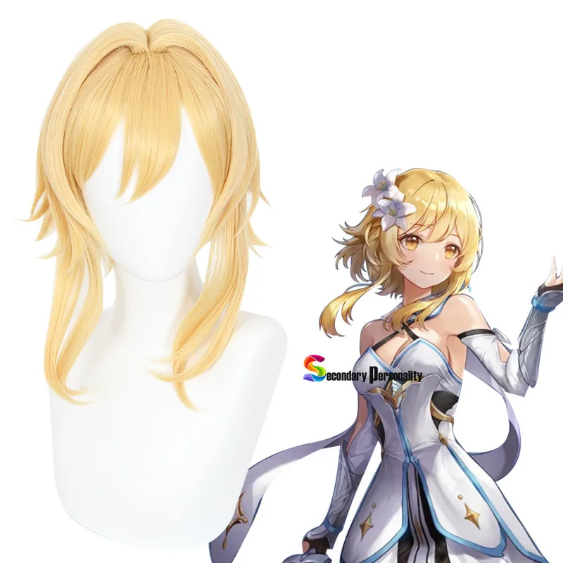 

Genshin Impact Game Traveler Lumine Hotaru Anime Light Yellow Cosplay Heat Resistant Synthetic Wig Drop Shipping Free Wig Cap