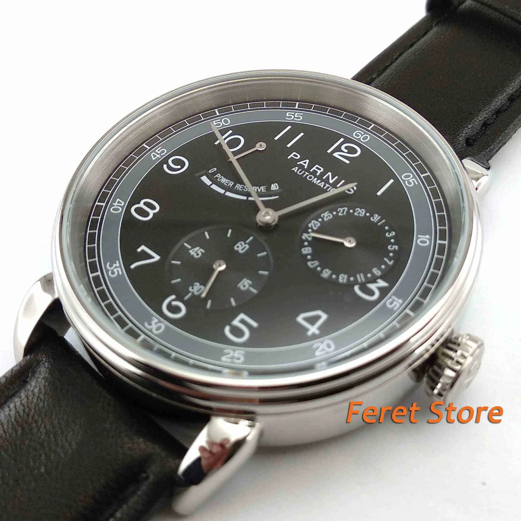 42mm PARNIS Black dial Black leather strap steel case Sapphire glass Classic Power Reserve Indicator automatic mens watch