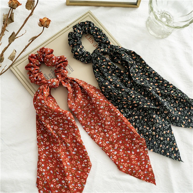 2024 New Fashion Floral Print Women Hair Scarf Elastic Hair Bands Hairband Bow Hair Rubber Ropes Scrunchie Girls Hair Ties