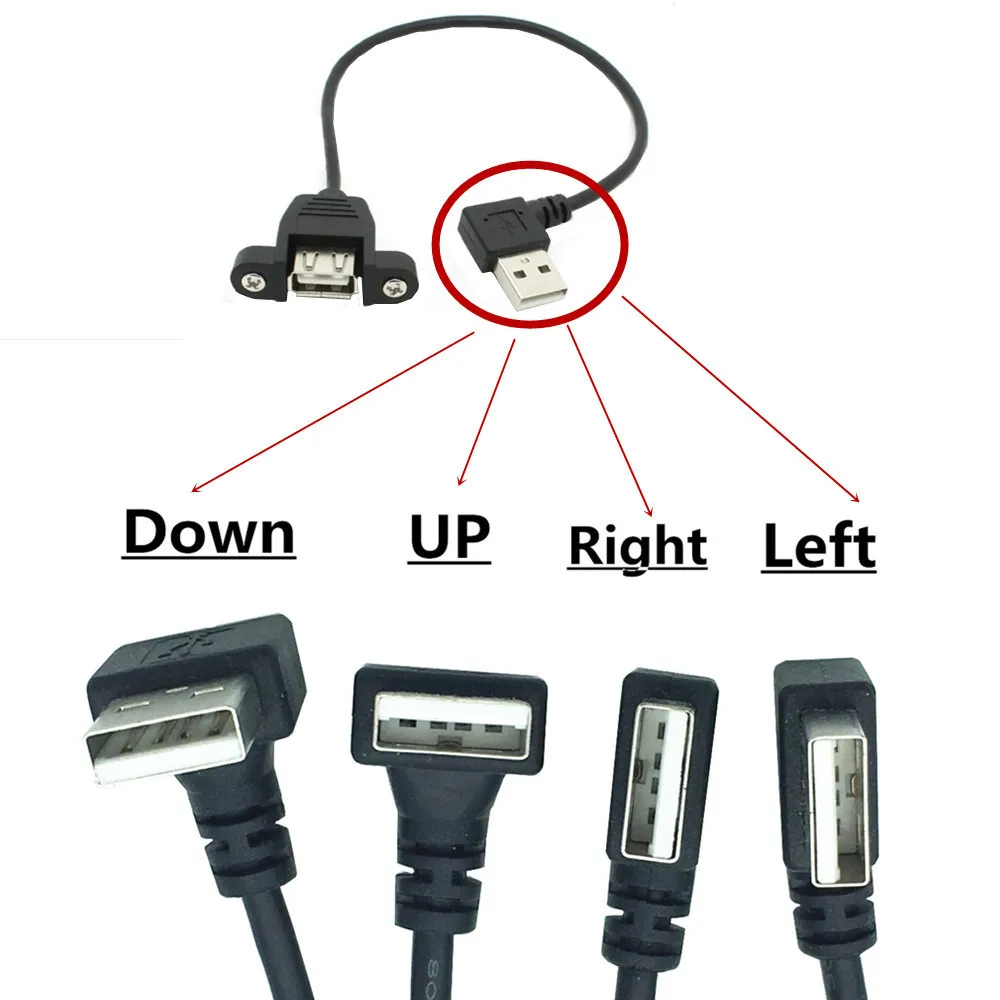 Cable de extensión USB 2,0 macho izquierdo/derecho/arriba/abajo a hembra con Cable adaptador de conector de bloqueo de orificio de tornillo de montaje en Panel para computadora