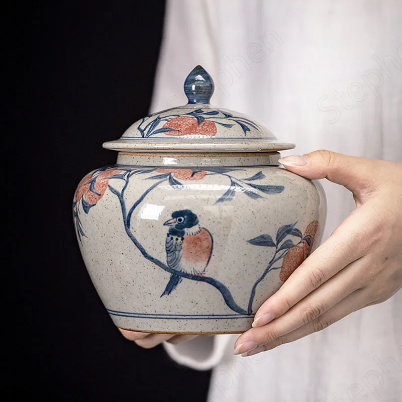 Hand Painted Vintage Tea Organizer Chinese Blue White Craft Color Glaze Sealed Tea Storage Jar with Lid Coffee Table Ornaments