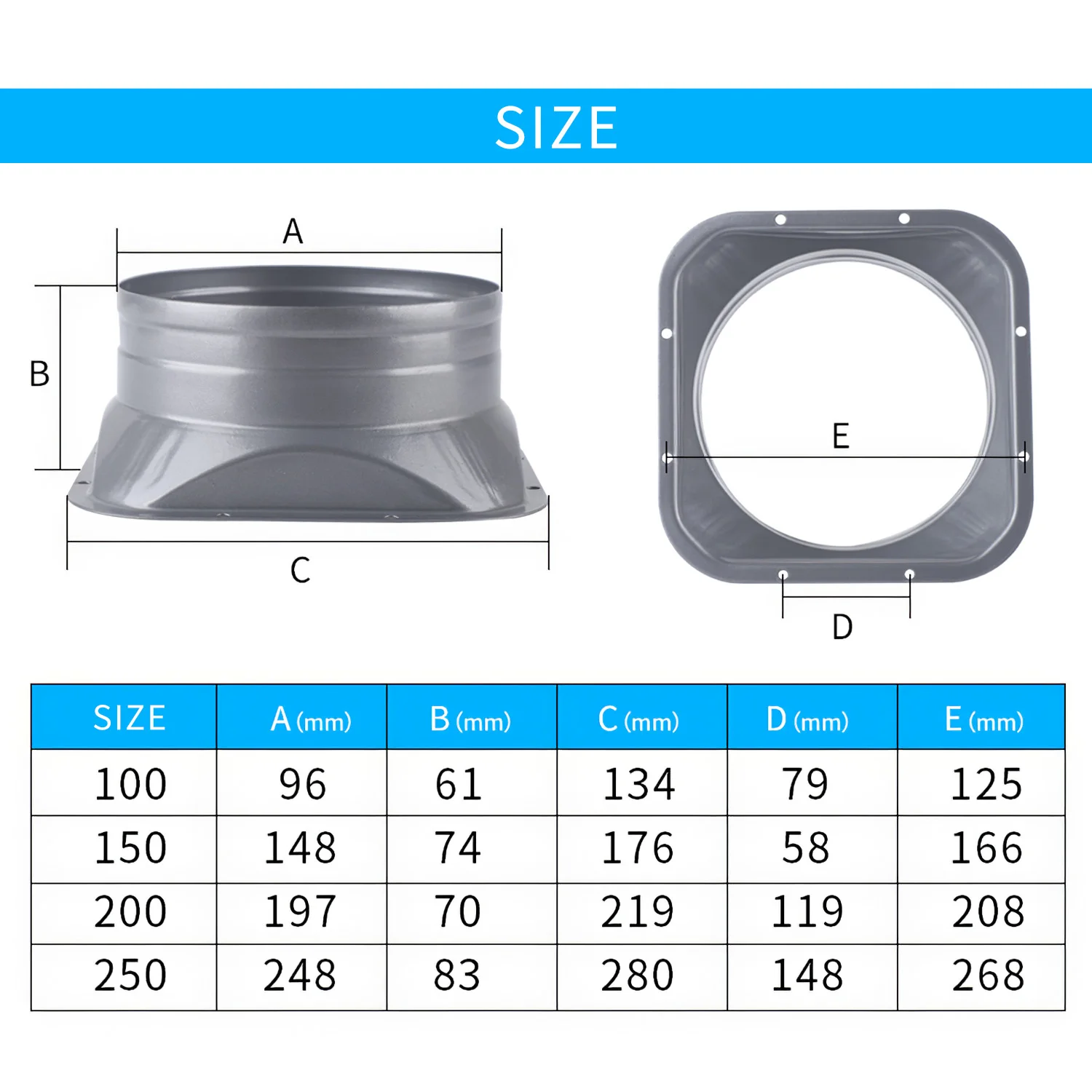 100/150/200/250mm Flange Ducting Hose Connector Air Ventilation for Kitchen Hood Ventilator Pipe Connecting Exhaust Outlet
