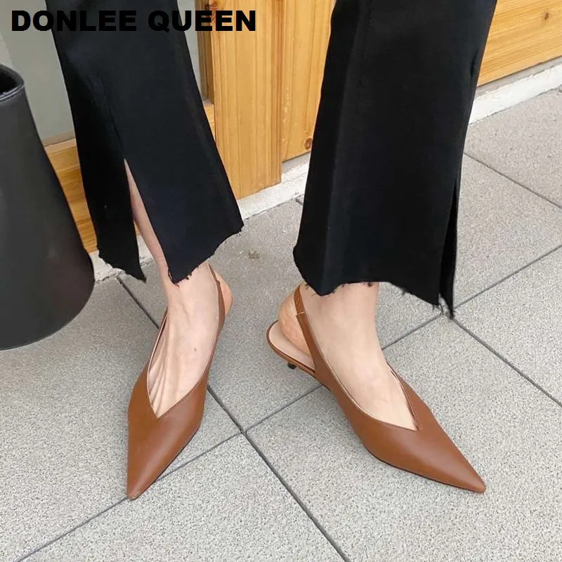 2020 Spring Slingback Sandals Low Heel Pumps Shoes Women Elegant Kitten Heel Mules Pointed Toe Wedding Party Shoes zapatos mujer