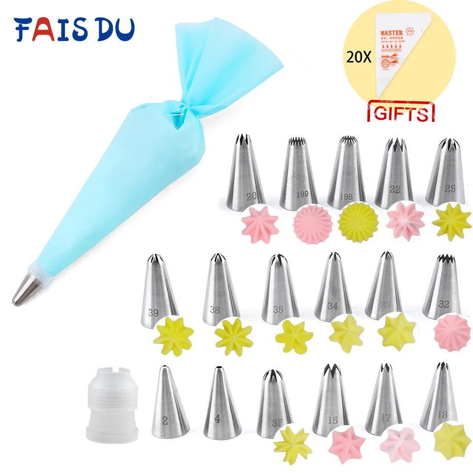 FAIS DU 19Pcs/Set 304 Stainless Steel Pastry Bag Icing Piping Nozzles Sets Confectionery Equipment Cupcake Cake Decrating Tools