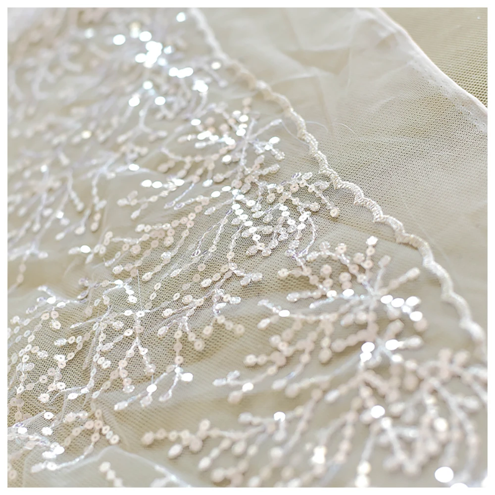 Tulle Lace Fabric 1 Meter Ivory Mesh Light Champagne Sequins Embroidered Bridal Wedding Dress Skirt Sewing 130CM 51\