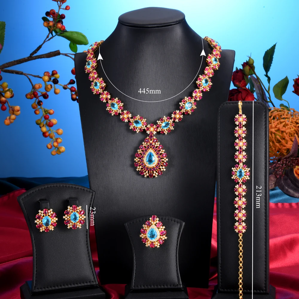 GODKI Famous Brand 4PCS Ruby CZ Luxury African Jewelry Set For Women Wedding Party Zircon Crystal Dubai Bridal Jewelry Set Gift