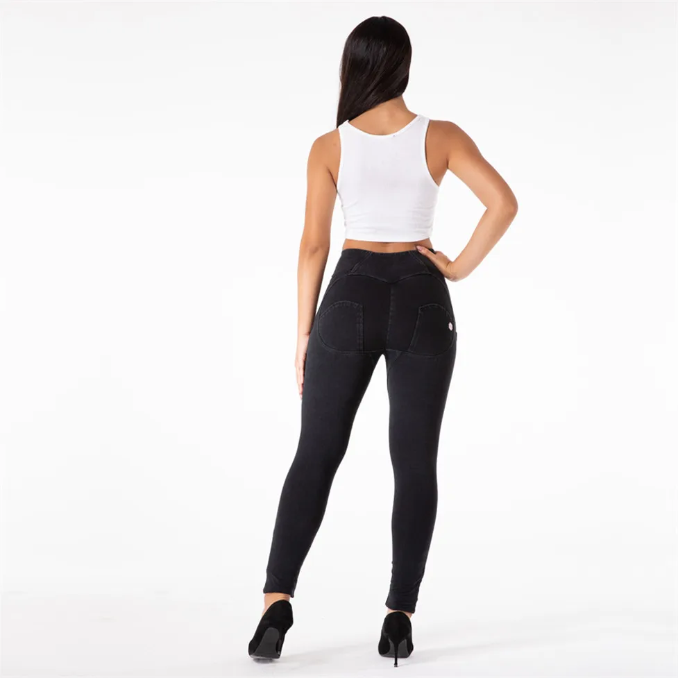 Shascullfites-pantalones vaqueros ajustados para mujer, de alta elasticidad Jeggings, color negro, efecto realce de trasero, hilo amarillo